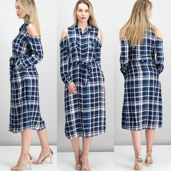 NWT Maison Jules Plaid Cold-Shoulder Midi Dress Blue Size Small New With Tags S‎ - Picture 1 of 16